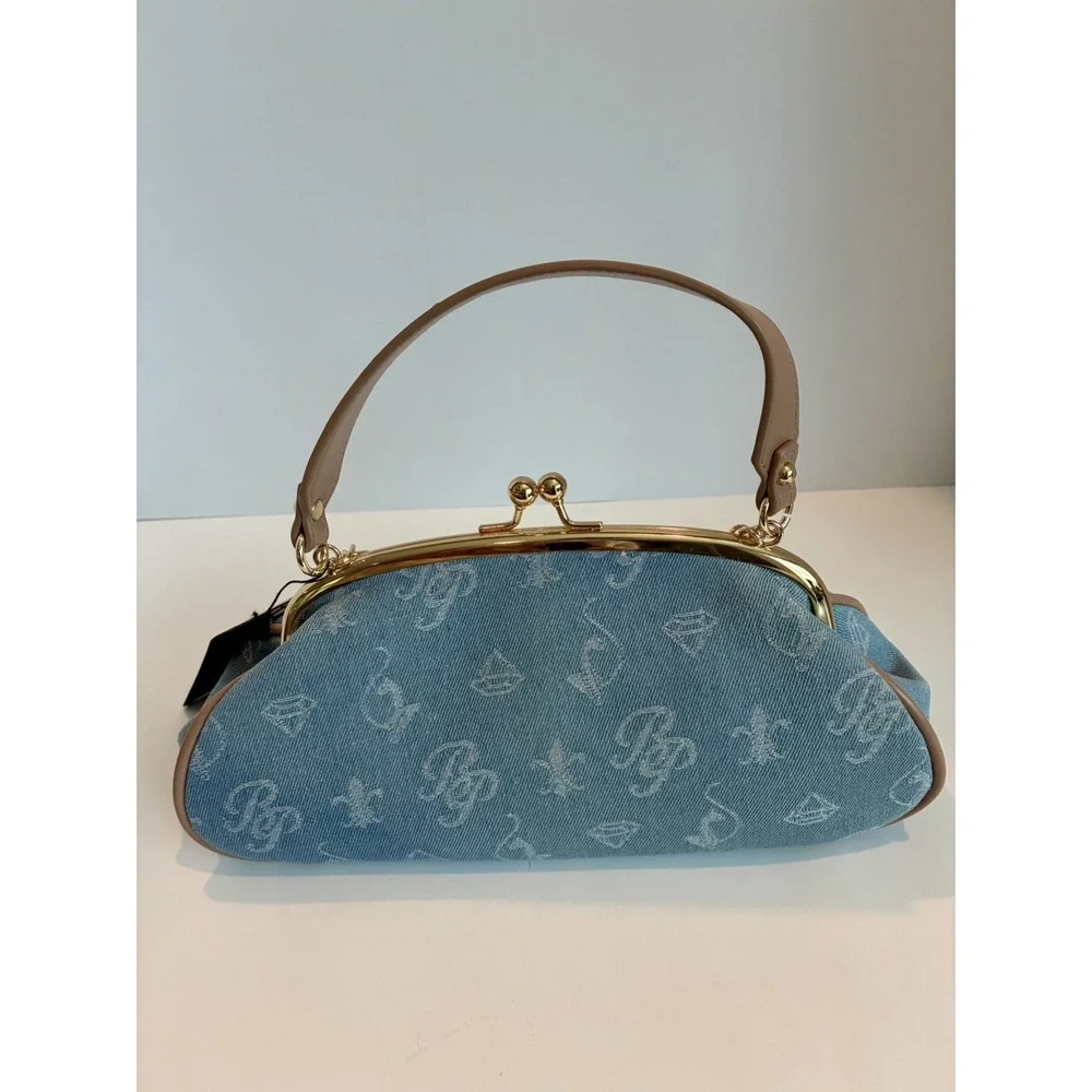 Baby Phat Light Blue Monogram Kiss Lock Clutch w/ Gold Chain Strap Charm. Lined